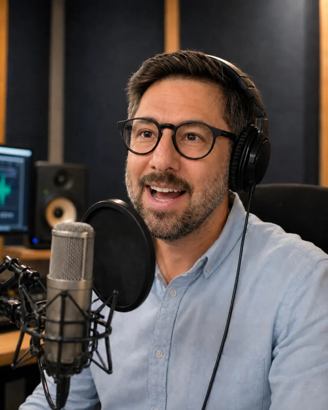 Miguel Terán, con auriculares y frente a un micrófono de estudio, hablando a media frase.